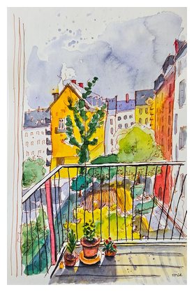 Ink and watercolor sketch of a balcony view over colorful apartment buildings