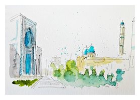 Loose ink and watercolor sketch of a turquoise-domed mosque and minaret